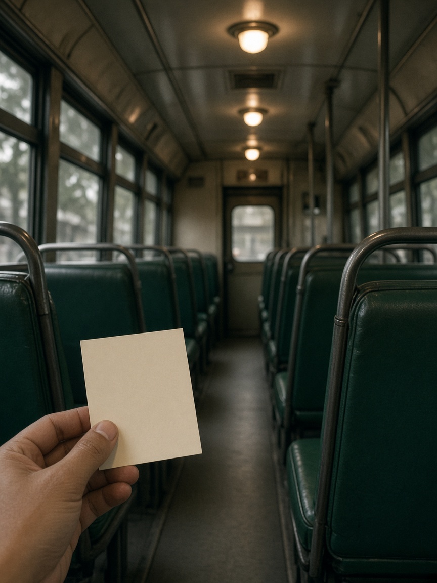 Perspective looking down the center aisle of a passenger transit bus with passenger seating on both sides