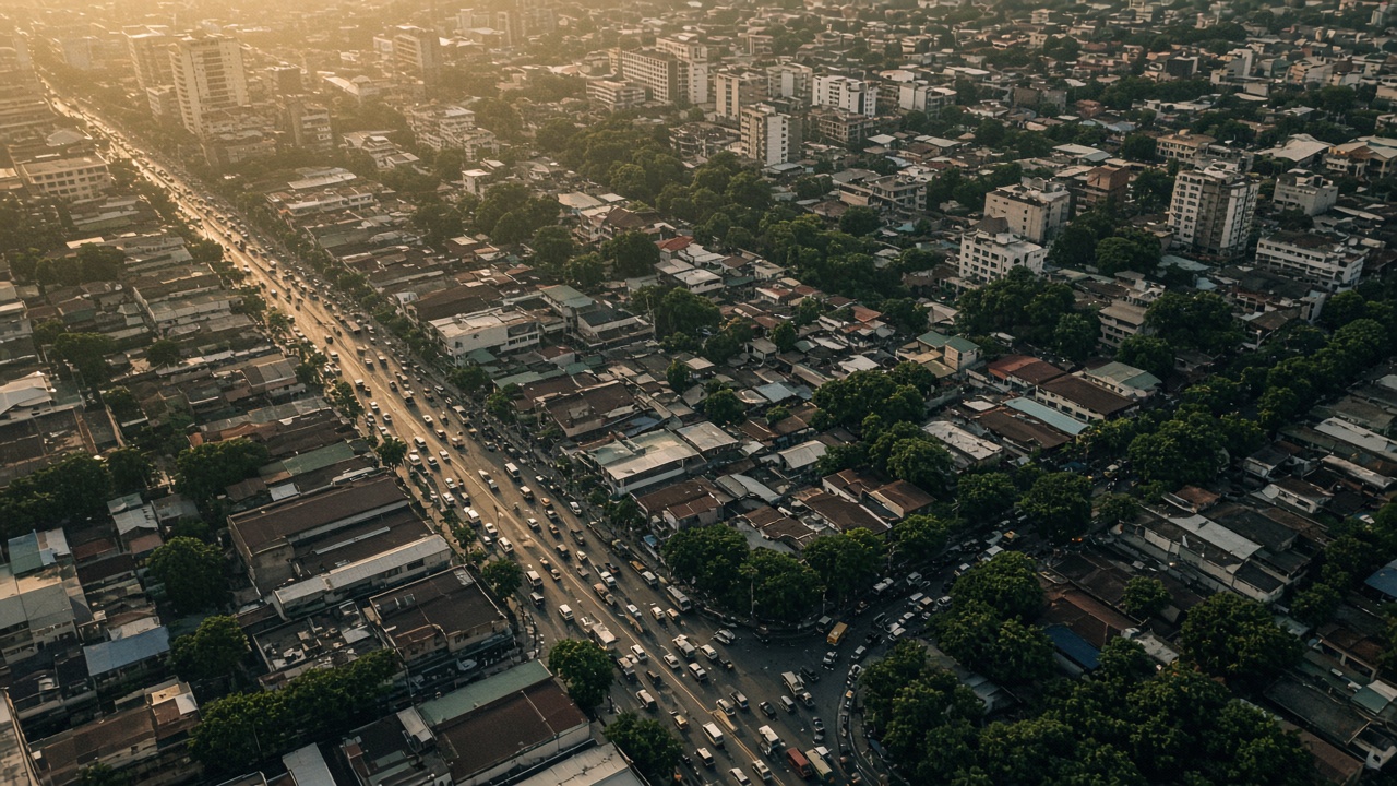 High-angle aerial perspective of dense city roads and highway interchanges in the Philippines