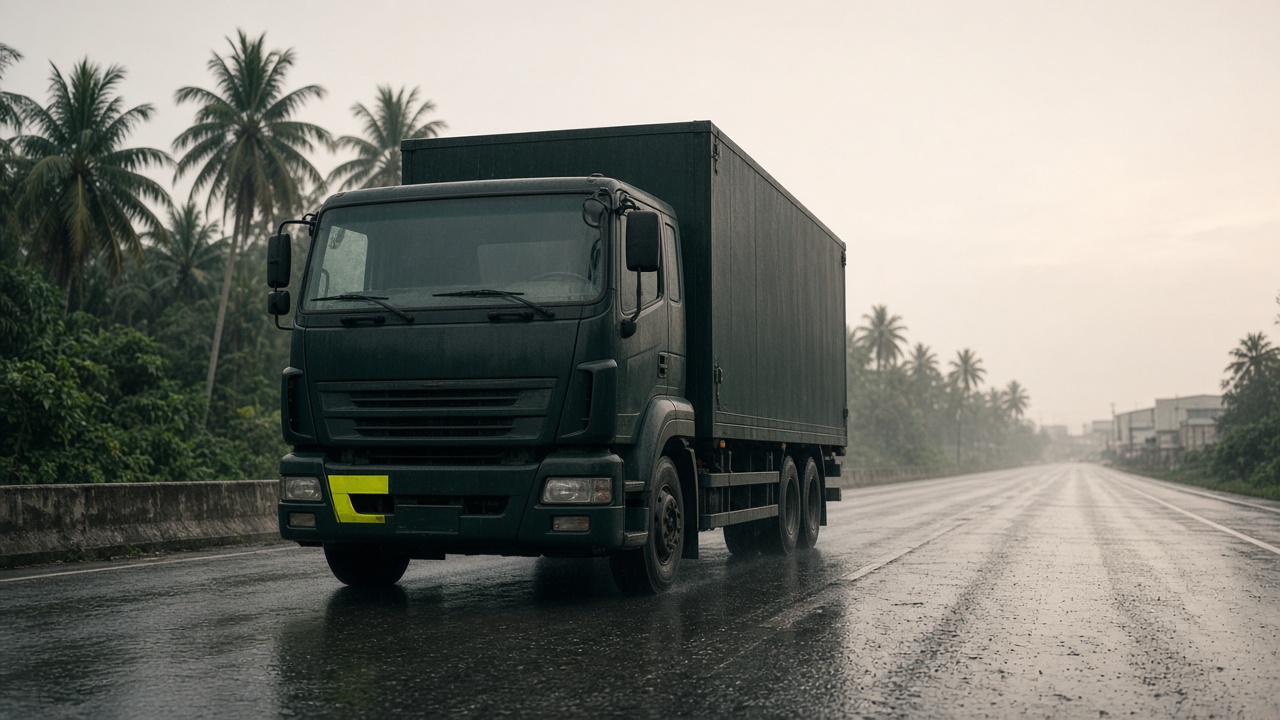 A dark freight truck on a wet highway lined with palms