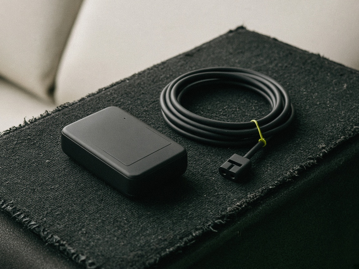 GPS fleet tracker still life with wiring harness, fuse connectors, and durable enclosure