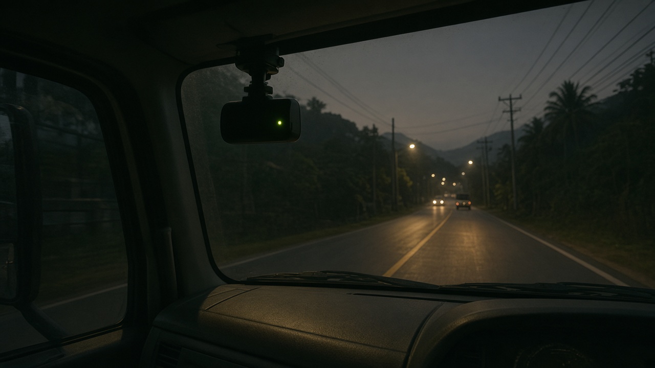 Dashcam mounted in a commercial truck cab framing the windshield and road ahead