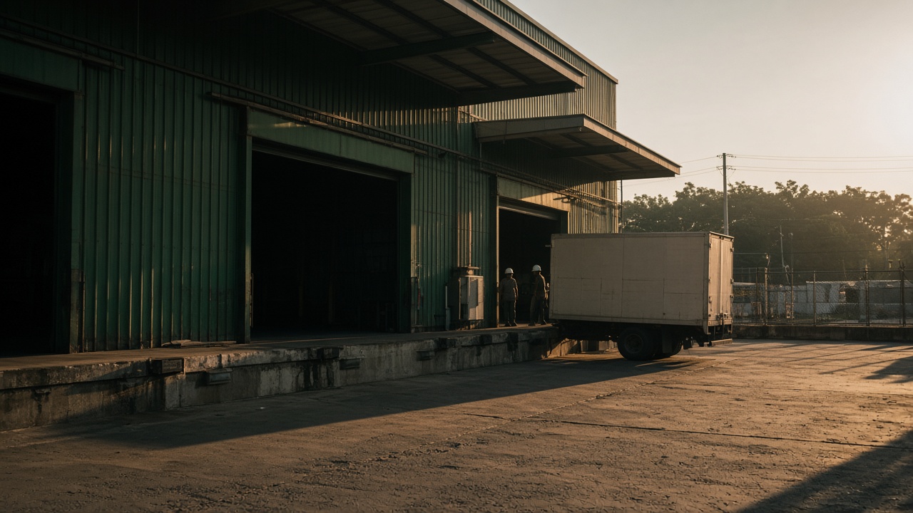 Industrial warehouse loading dock with freight bays and commercial transport staging area